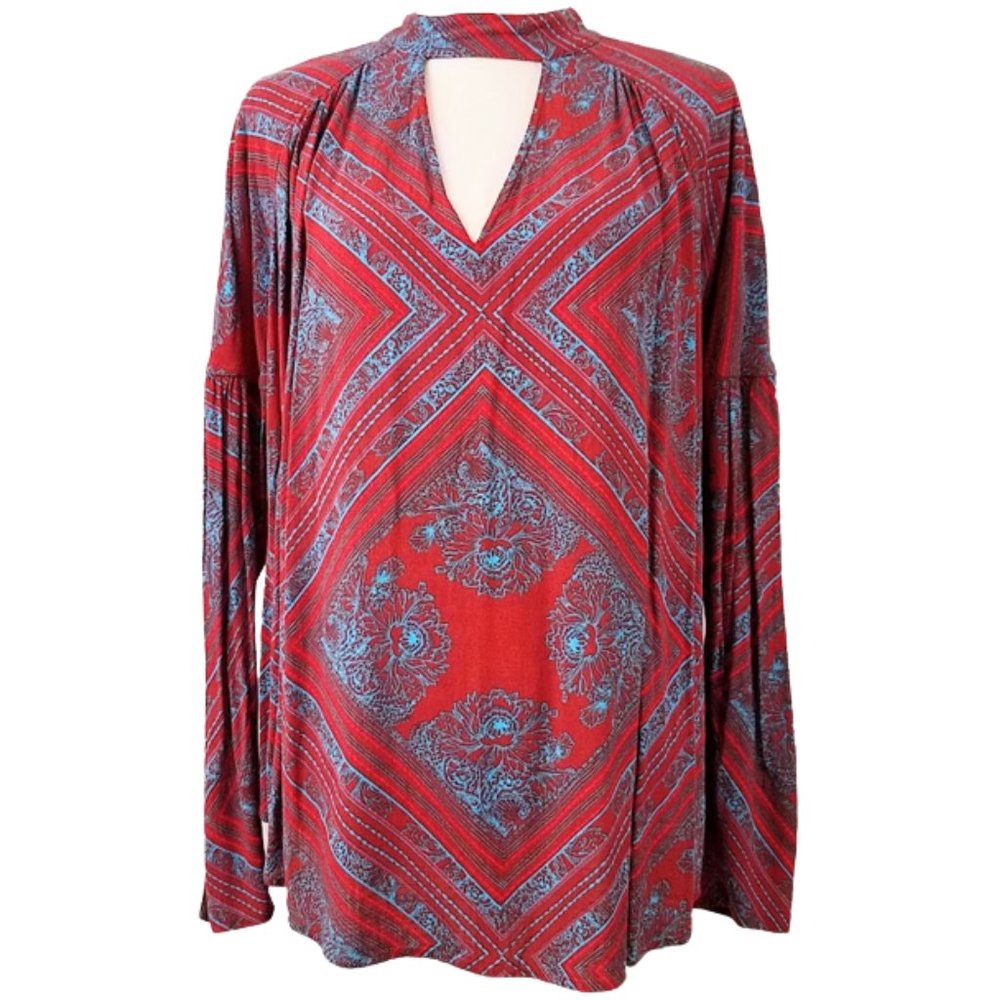 FREE PEOPLE Red & Blue Women's Walking On A Dream Floral Tunic Blouse Women's S